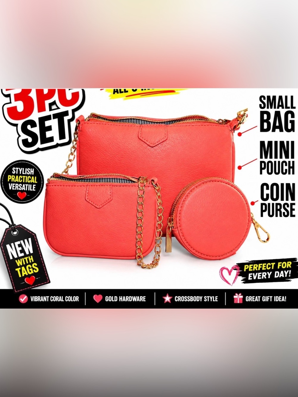 Coral 3-Piece Women's Bag Set with Gold Hardware